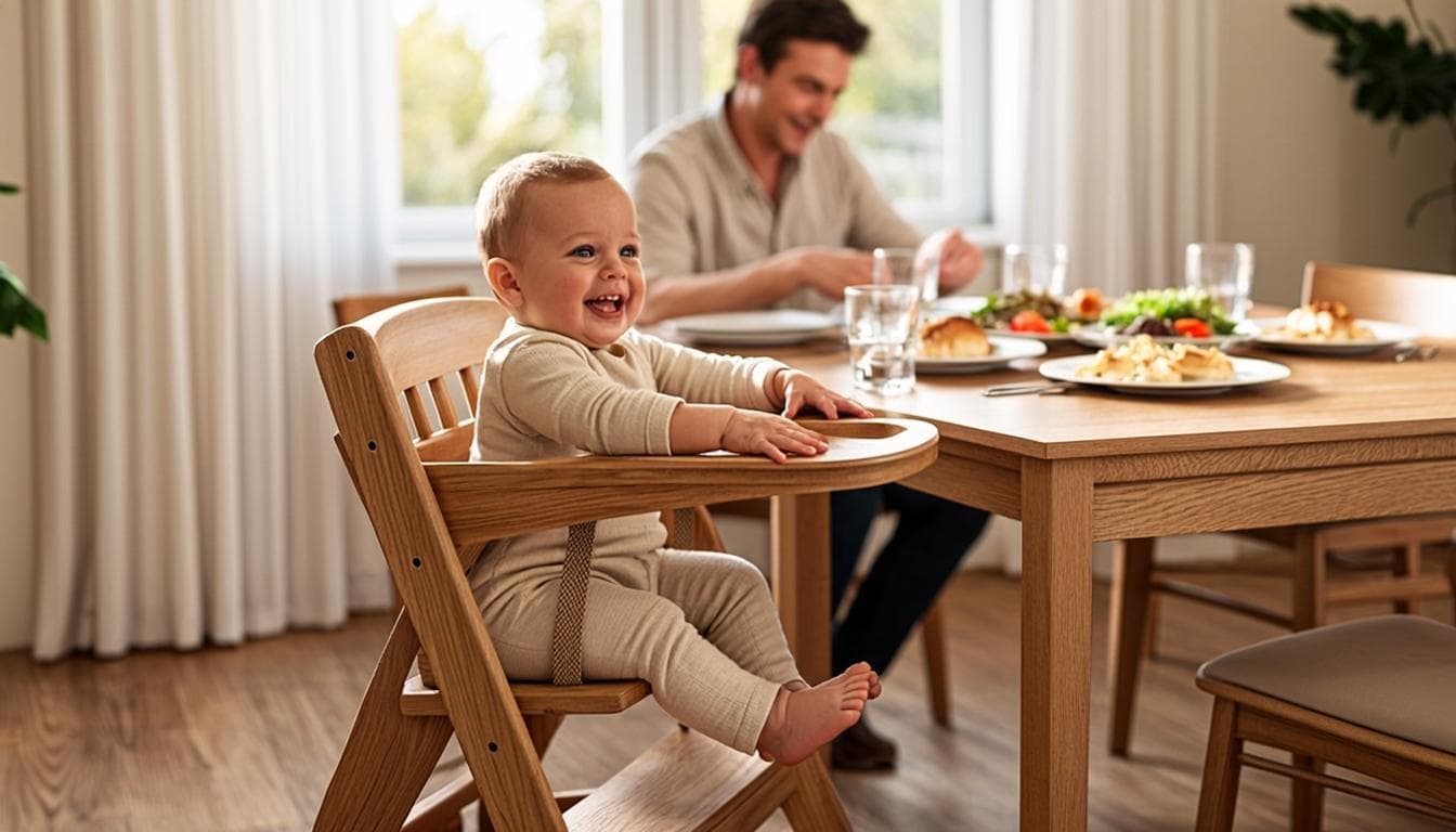 Bebé sentado felizmente en una trona evolutiva en la mesa familiar