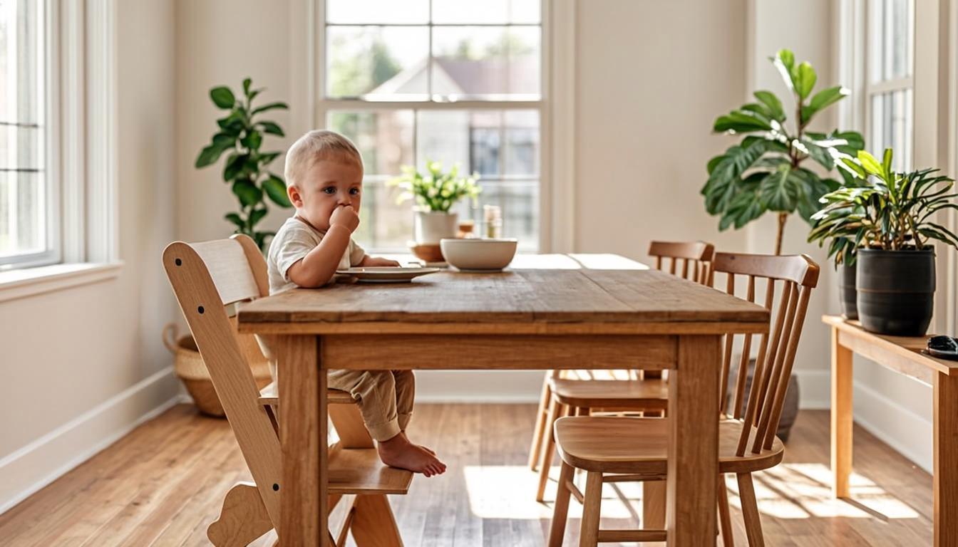 Comedor escandinavo con trona evolutiva de madera junto a la mesa familiar