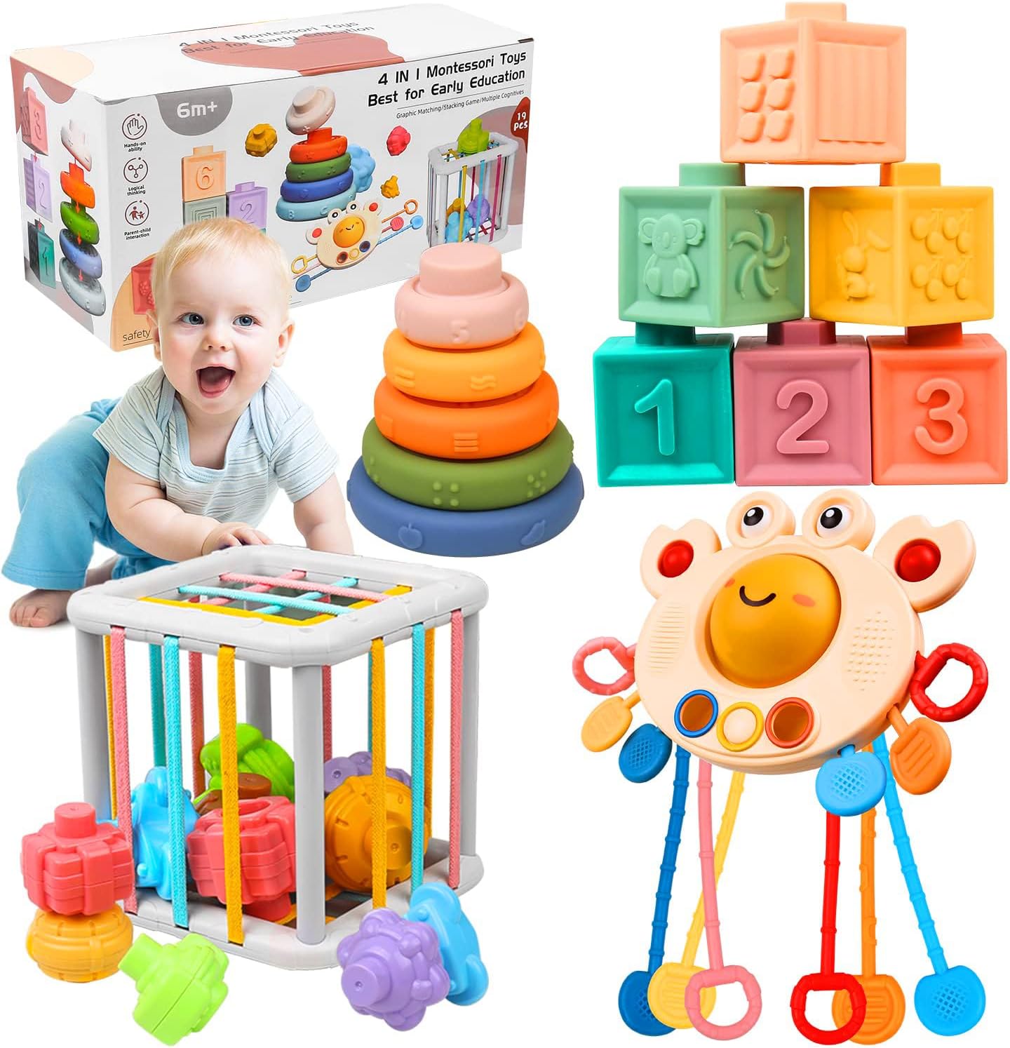 Juguetes Bebés 6-12 Meses, 4 en 1 Juguetes Montessori 6 Meses, Bloques Sensoriales Apilables, Regalo Cumpleaños Navidad
