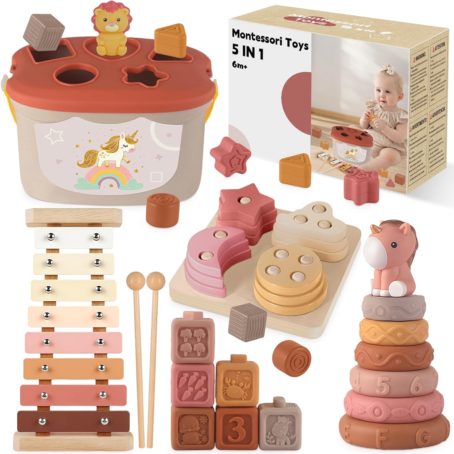Almaxi Juguetes Bebés 6-12 Meses | 5 en 1 Juguetes Sensoriales Montessori con Juguetes de Madera para Apilar y Clasificar, Xilófono